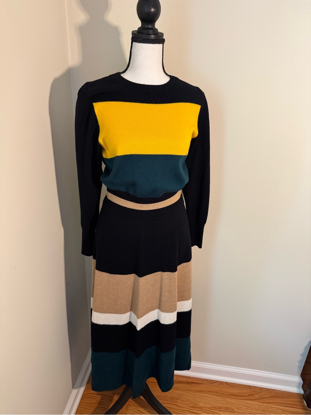 Cynthia & Parker Black, Mustard, Teal & Tan Colorblock Maxi Dress